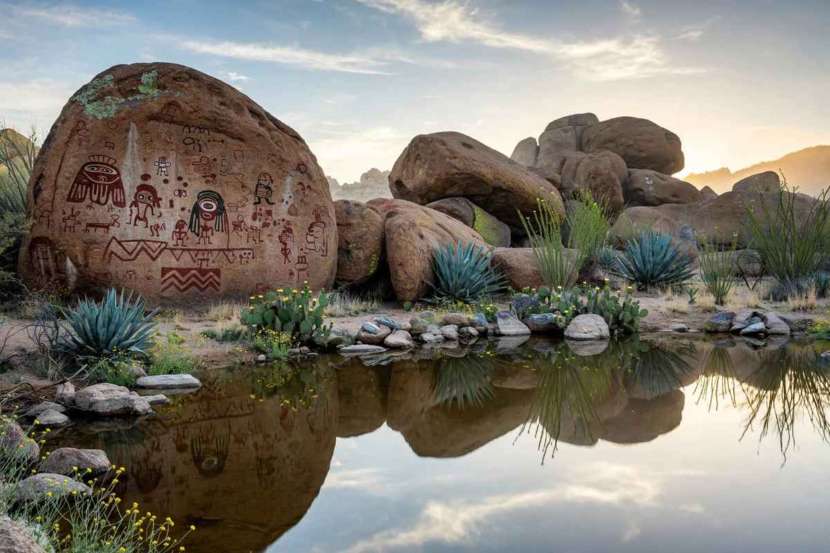 Rounded boulders with ancient rock art at Hueco Tanks near El Paso